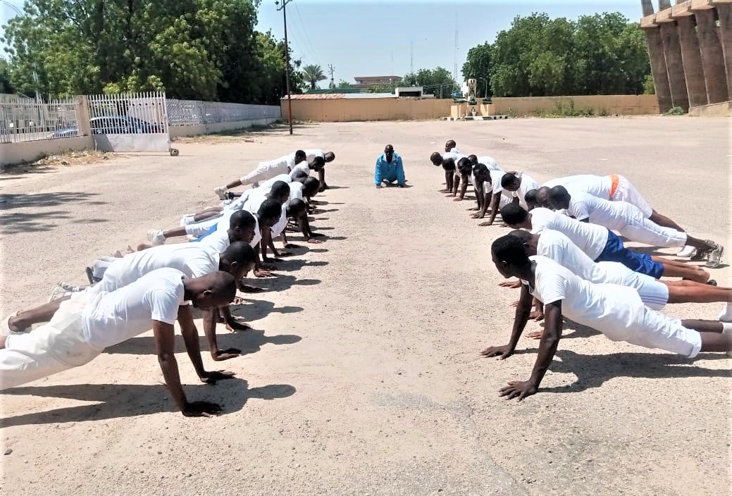 Recruits in two lines doing push-ups facing their drill instructor outdoors